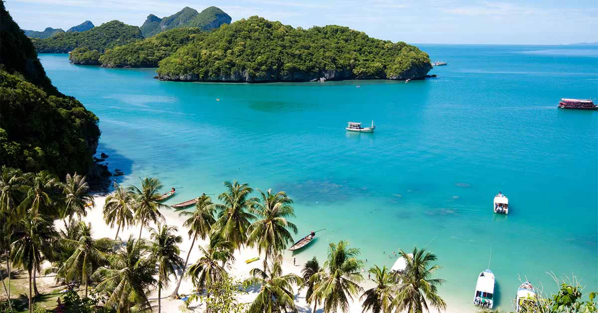 Sunny beach with palm trees in Koh Samui