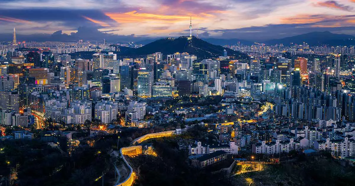 산 정상에서 바라본 N서울타워와 서울시의 도시 풍경