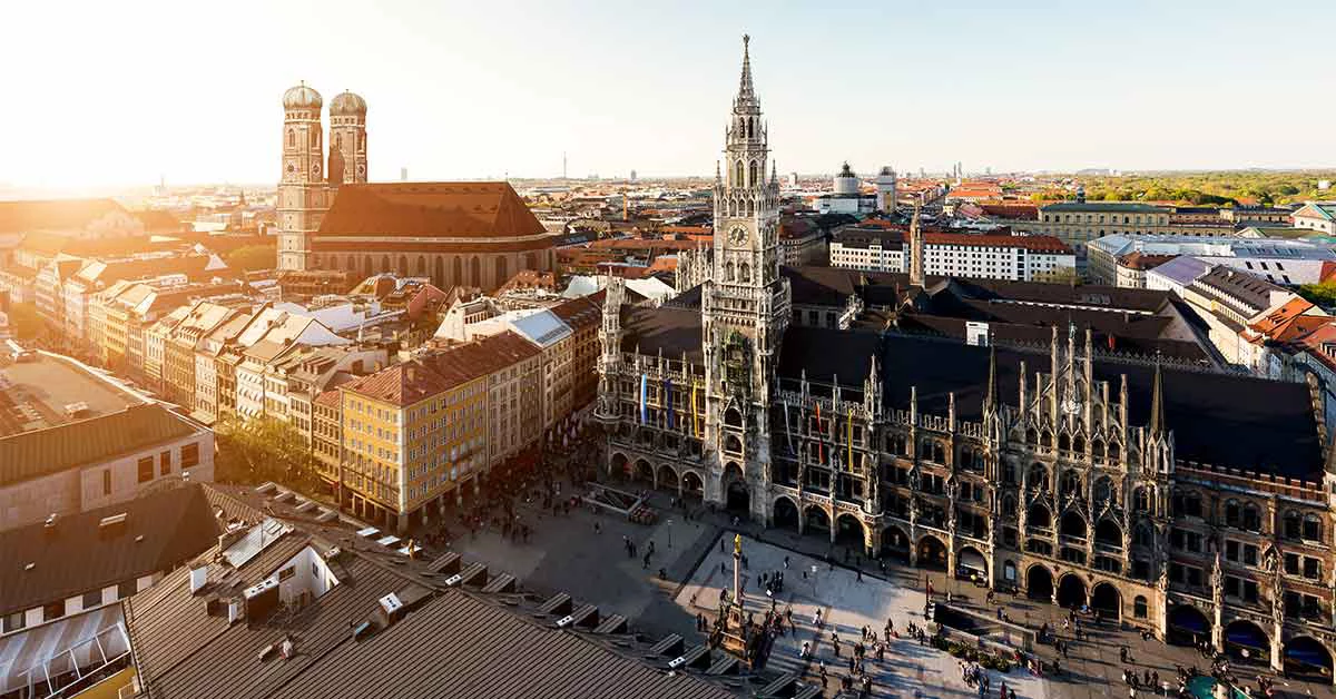 Aerial view on Munich old town hall or Marienplatz town hall and Frauenkirche in Munich, Germany