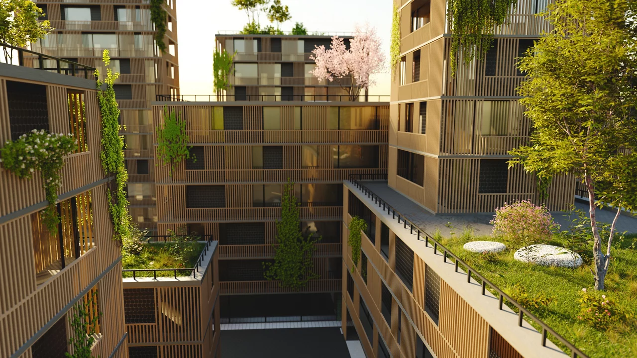 Bovenaanzicht van een duurzaam groen kantoor of wooncomplex
