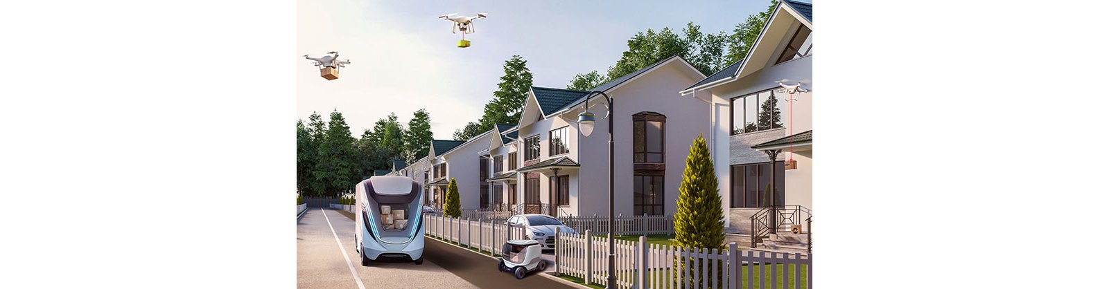 A street view with a car, a motorcycle, and a drone overhead, highlighting various modes of transportation in the city.