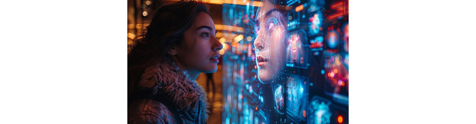 A woman observes a digital screen featuring a close-up image of a face, deep in thought.