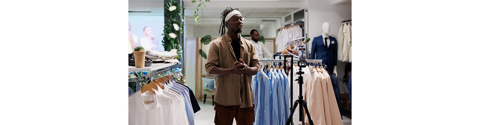 A man poses in front of a clothing rack filled with diverse apparel, highlighting fashion choices for potential customers
