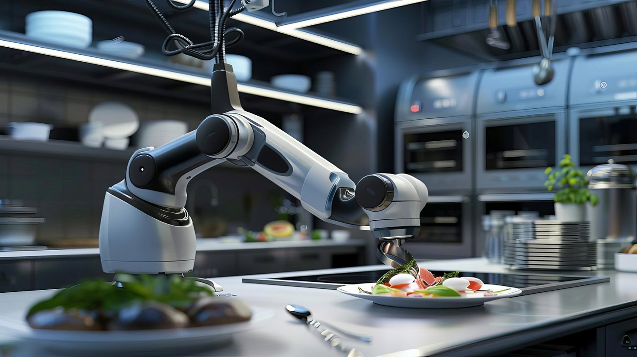 aipowered robotic chef arm automating food preparation in modern restaurant kitchen futuristic technology in culinary industry 3d illustration