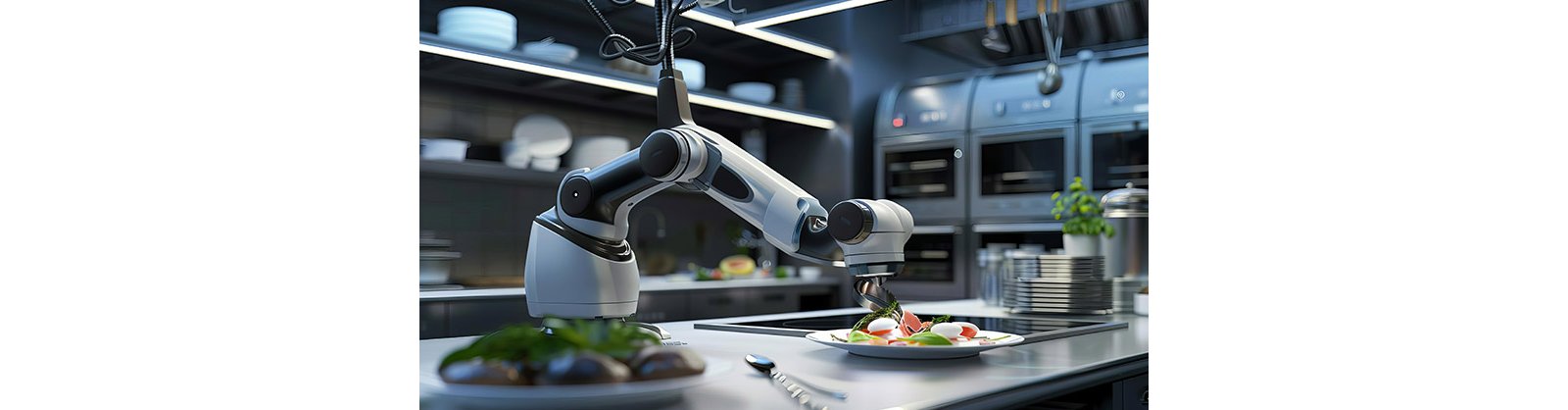 A robotic arm grips a plate of food, illustrating the intersection of robotics and gastronomy
