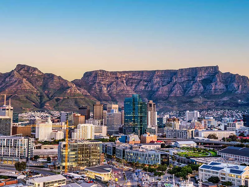 Cape Town city CBD and table mountain in the background during sunset, South Africa Stock