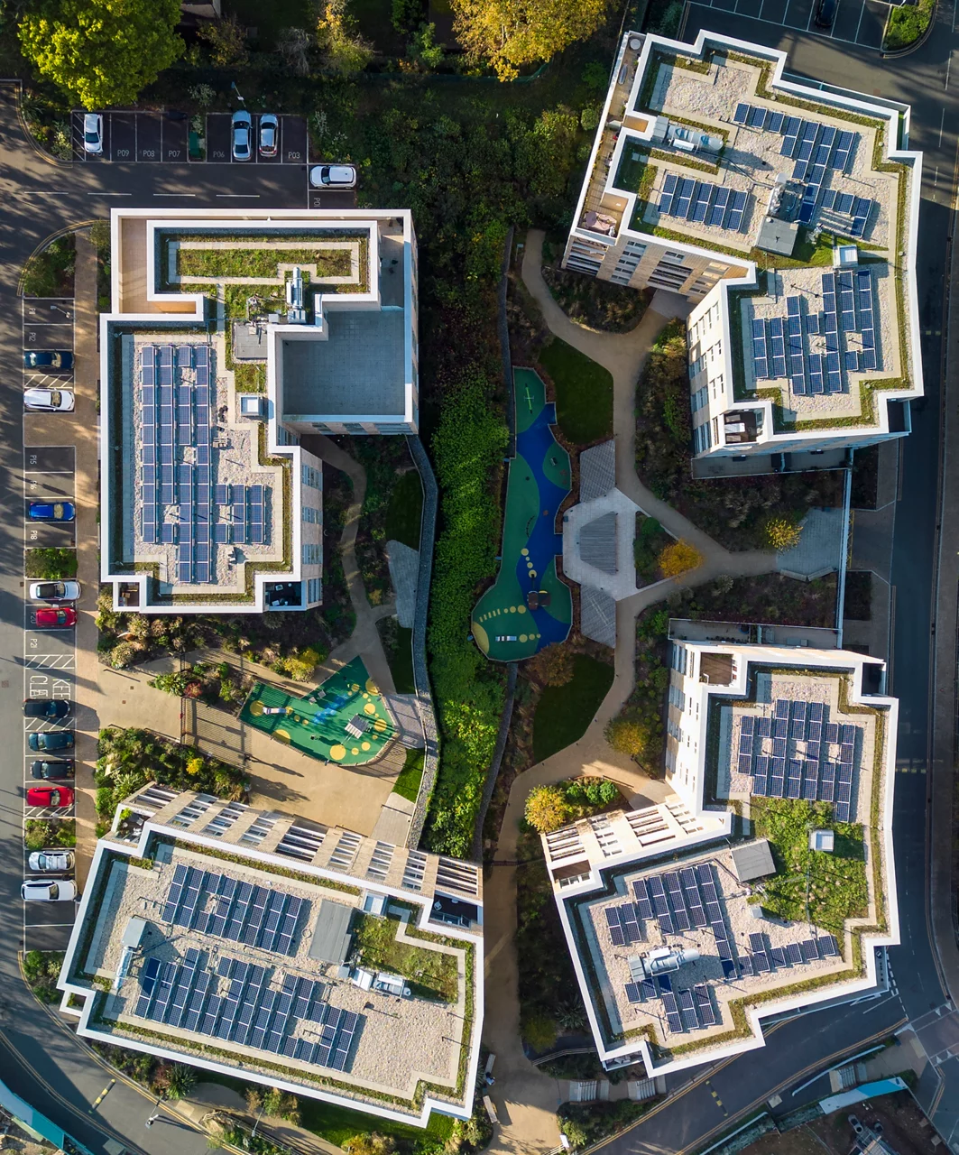 Arial view of sustainable green corporate buildings
