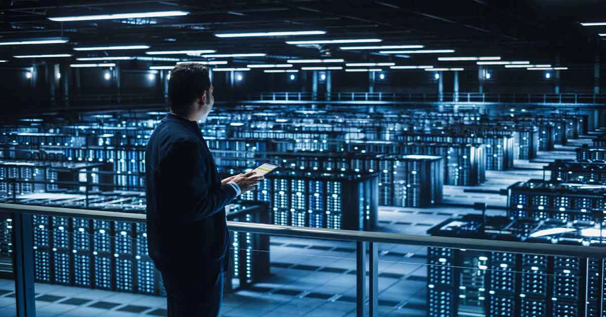 Man in a data centre