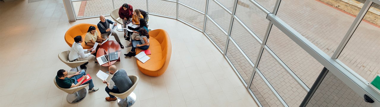 An academic group meeting in natural light with bright furniture.
