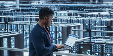 A man in a dark sweater and red tie stands in a large data center, holding and looking at a laptop computer. Behind him are rows of server racks with blue lights, creating a high-tech industrial environment.