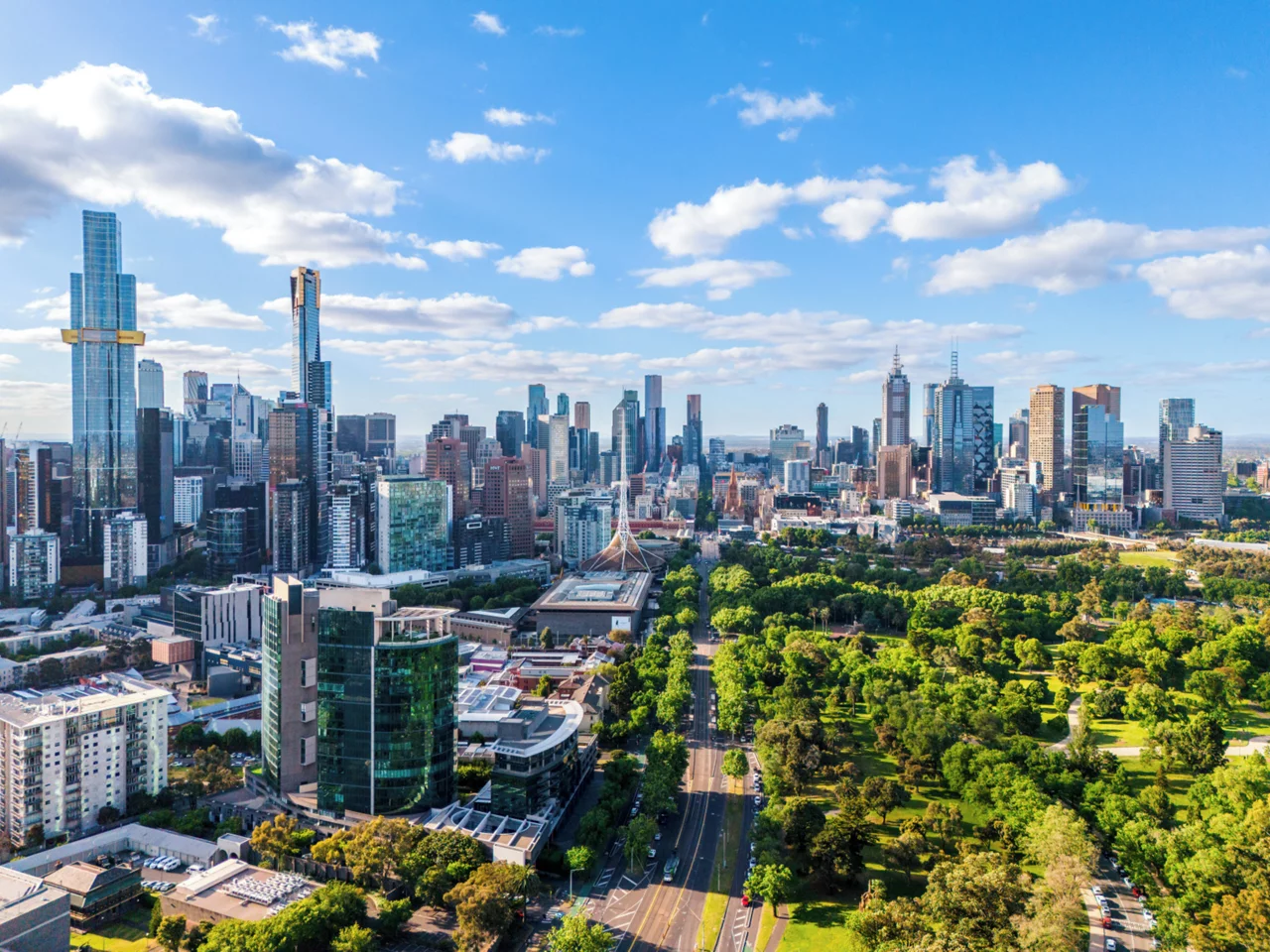 The panorama of Melbourne city and skyline in a sunny afternoon with a high perspective