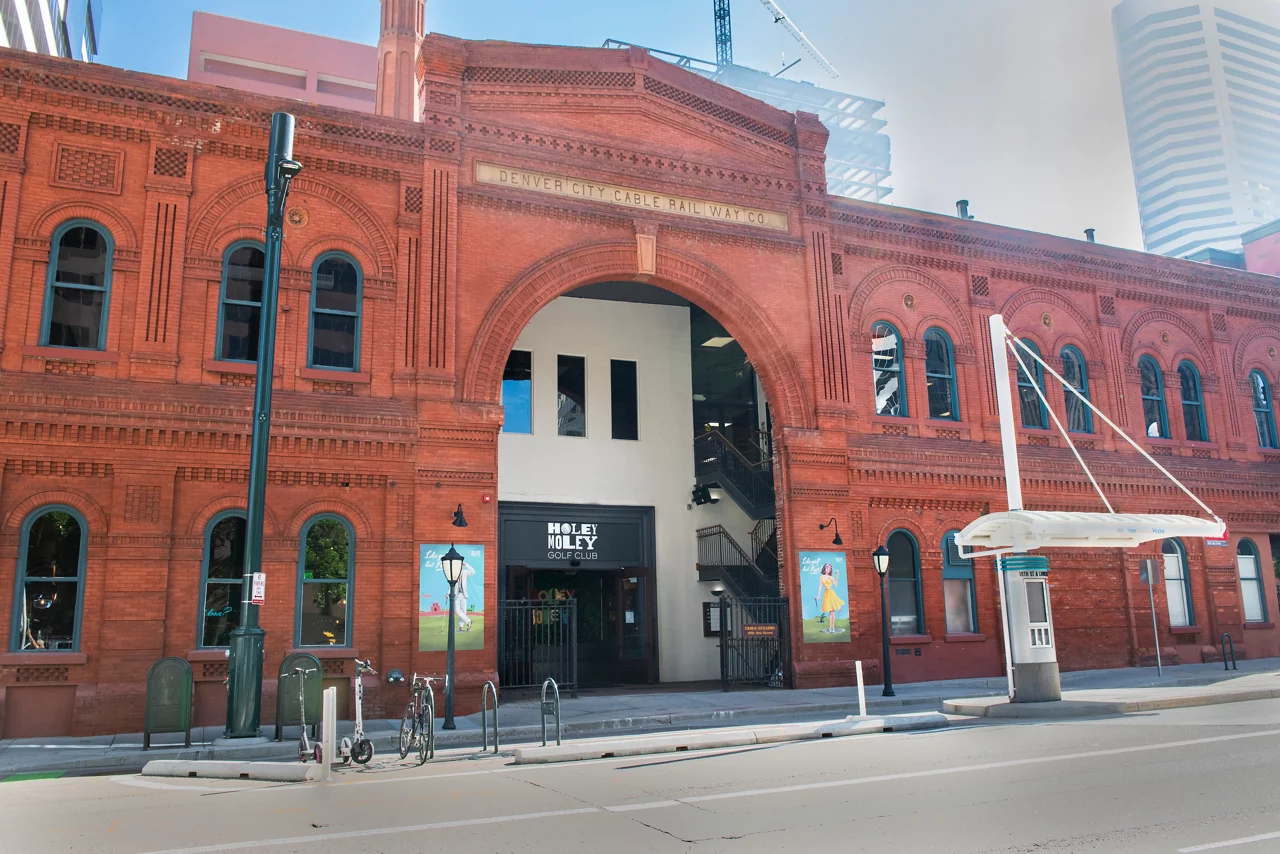 The historic Denver City Cable Railway building, now home to Funlab's Holey Moley Golf Club.