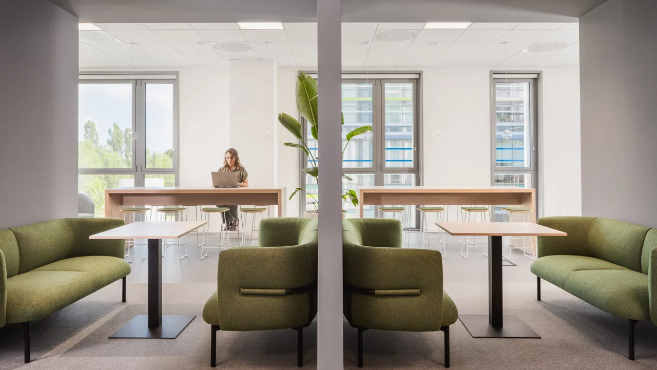 Modern  office space, furniture and greenery