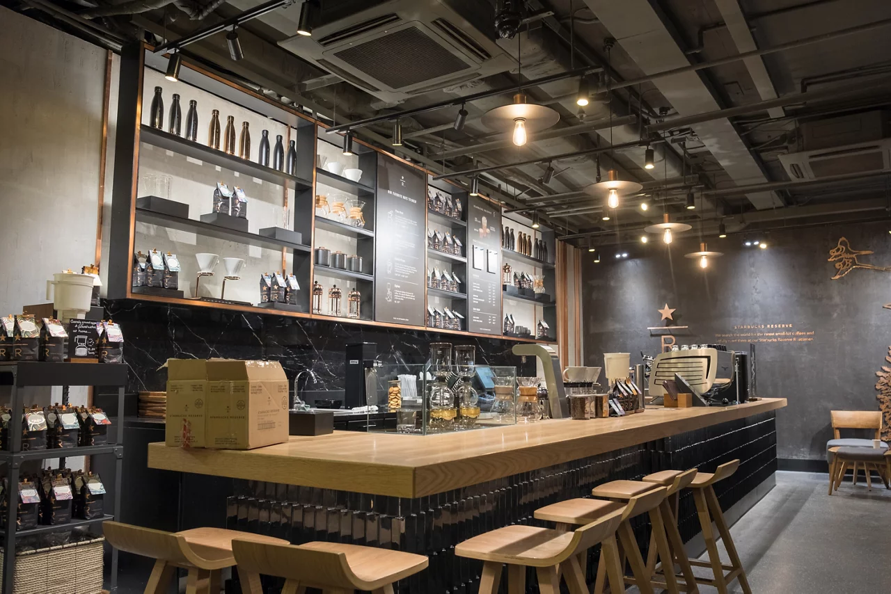coffee shop interior black and brown of wooden retro style