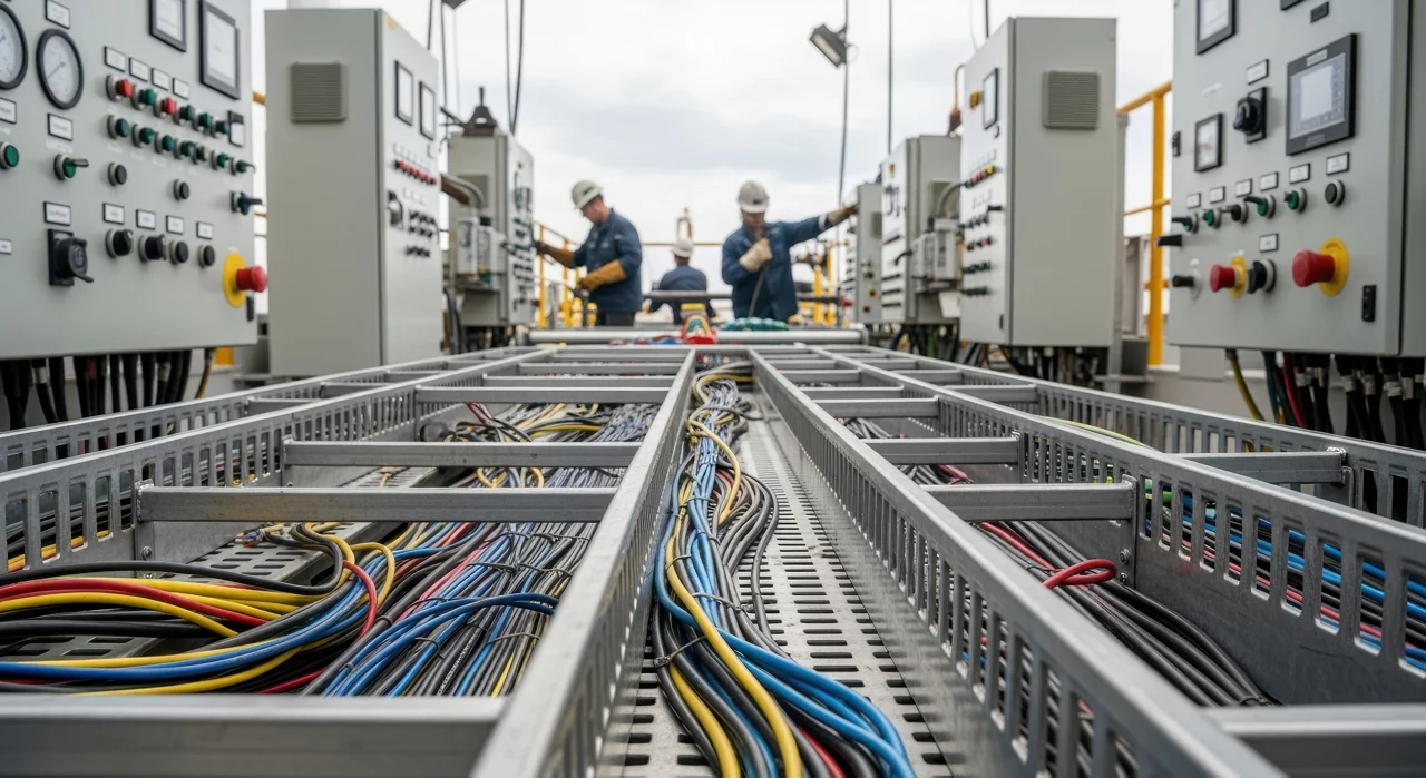 Detailed shot of electrical cable trays and control panels