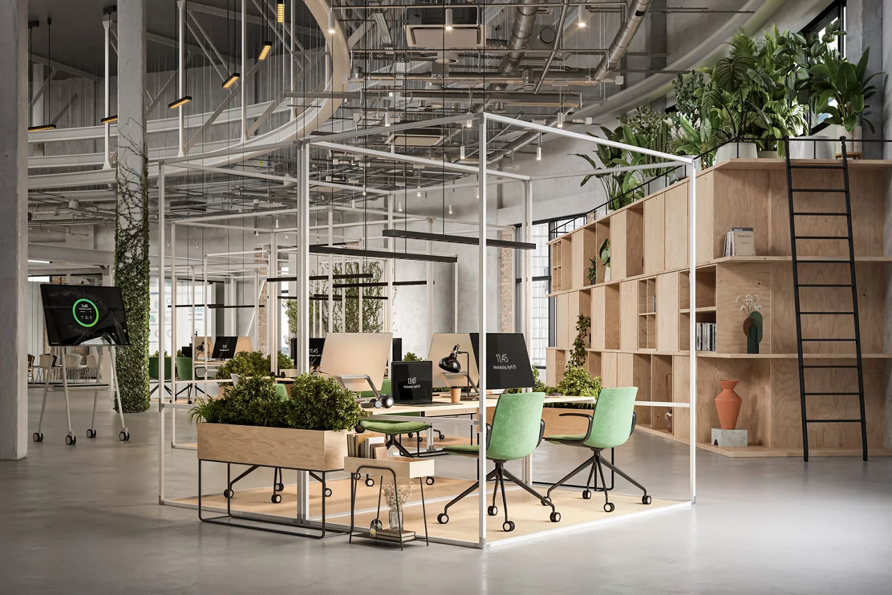 Computer generated image of an open plan office interior with many plants in the work desks.