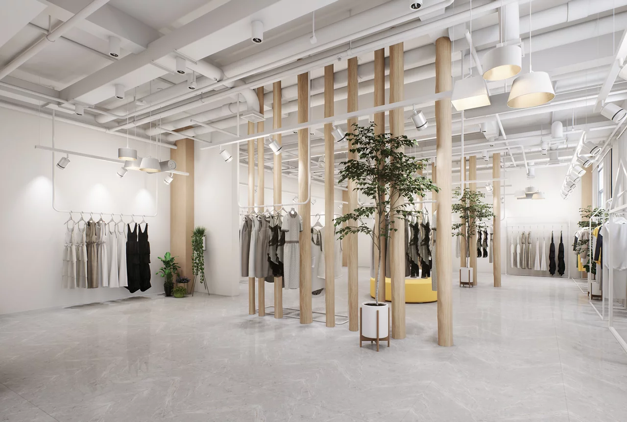 Clothing store interior with industrial ceilings