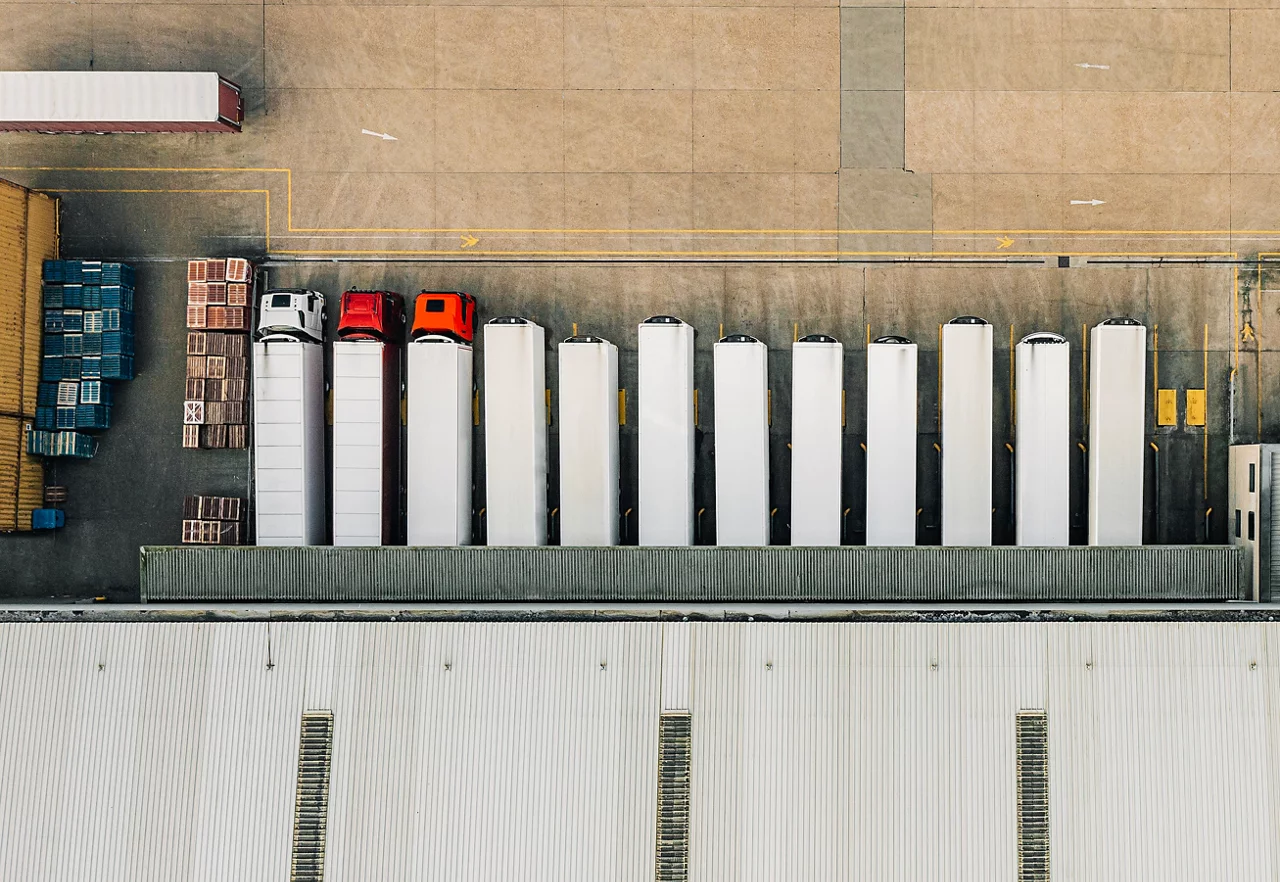 Trucks parked in the distribution center of the logistics park