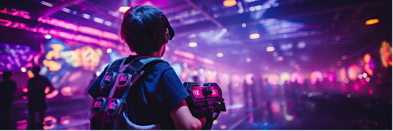Person with backpack viewing vibrant purple and pink lit entertainment venue