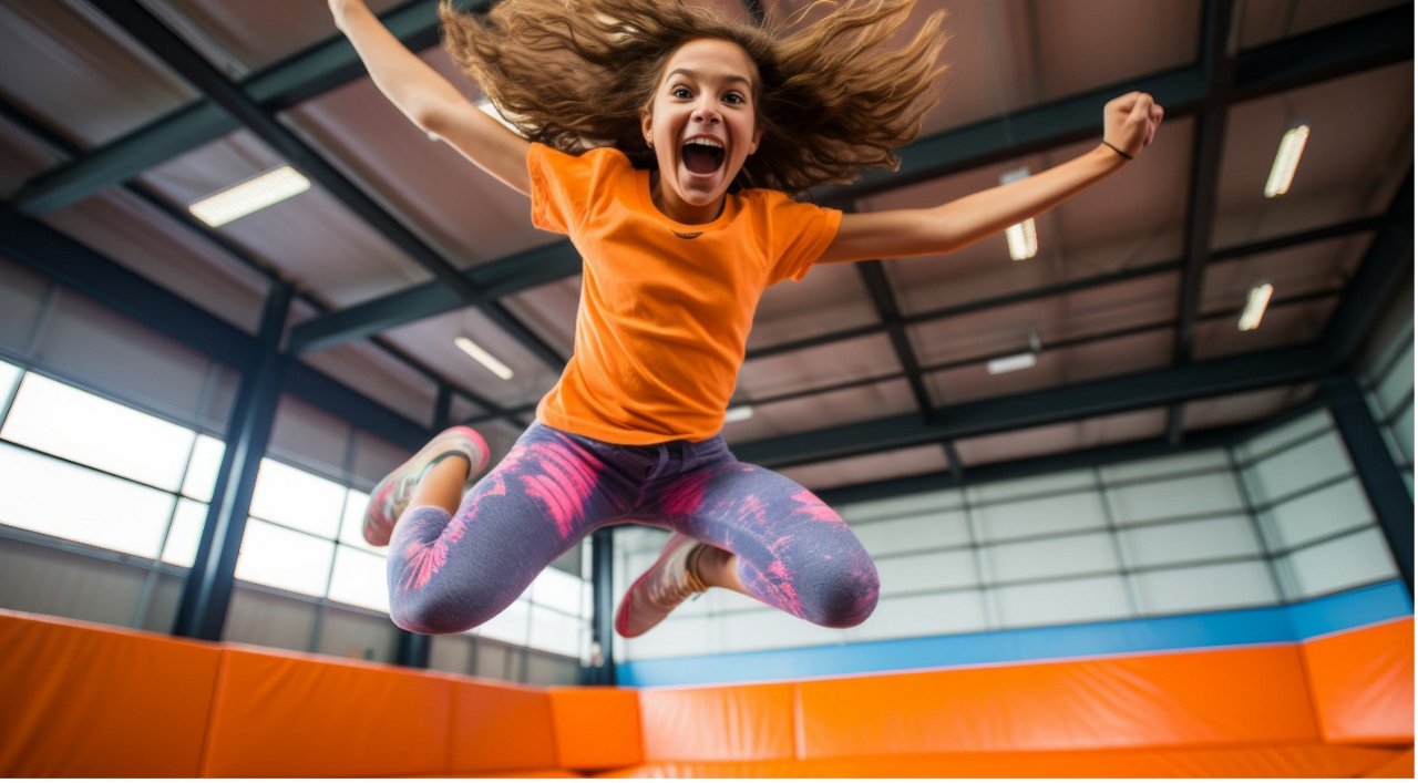 A young jumps enthusiastically with arms raised in an indoor trampoline park or recreational facility
