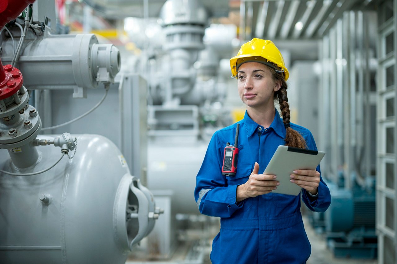 データセンターを冷却する空調設備をメンテナンスしている女性エンジニア