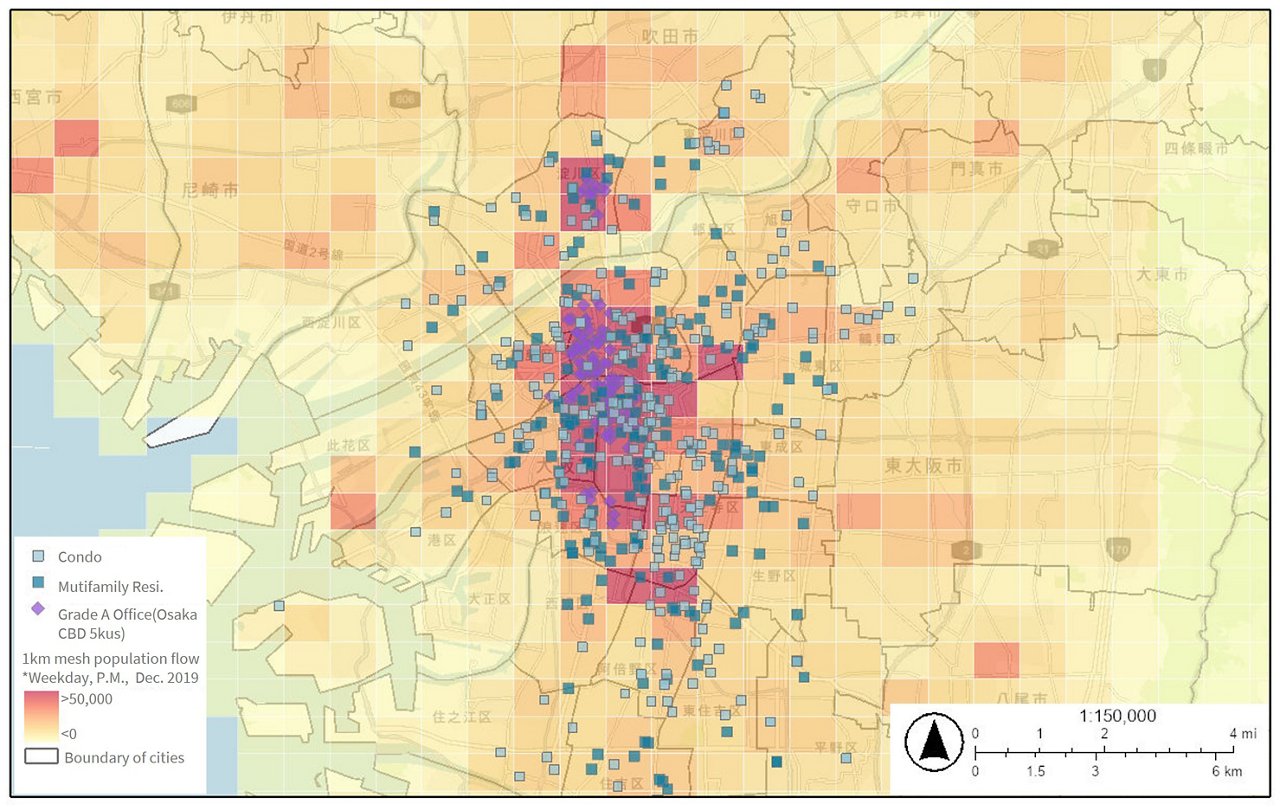 Weekday daytime pedestrian flow in the Osaka City area