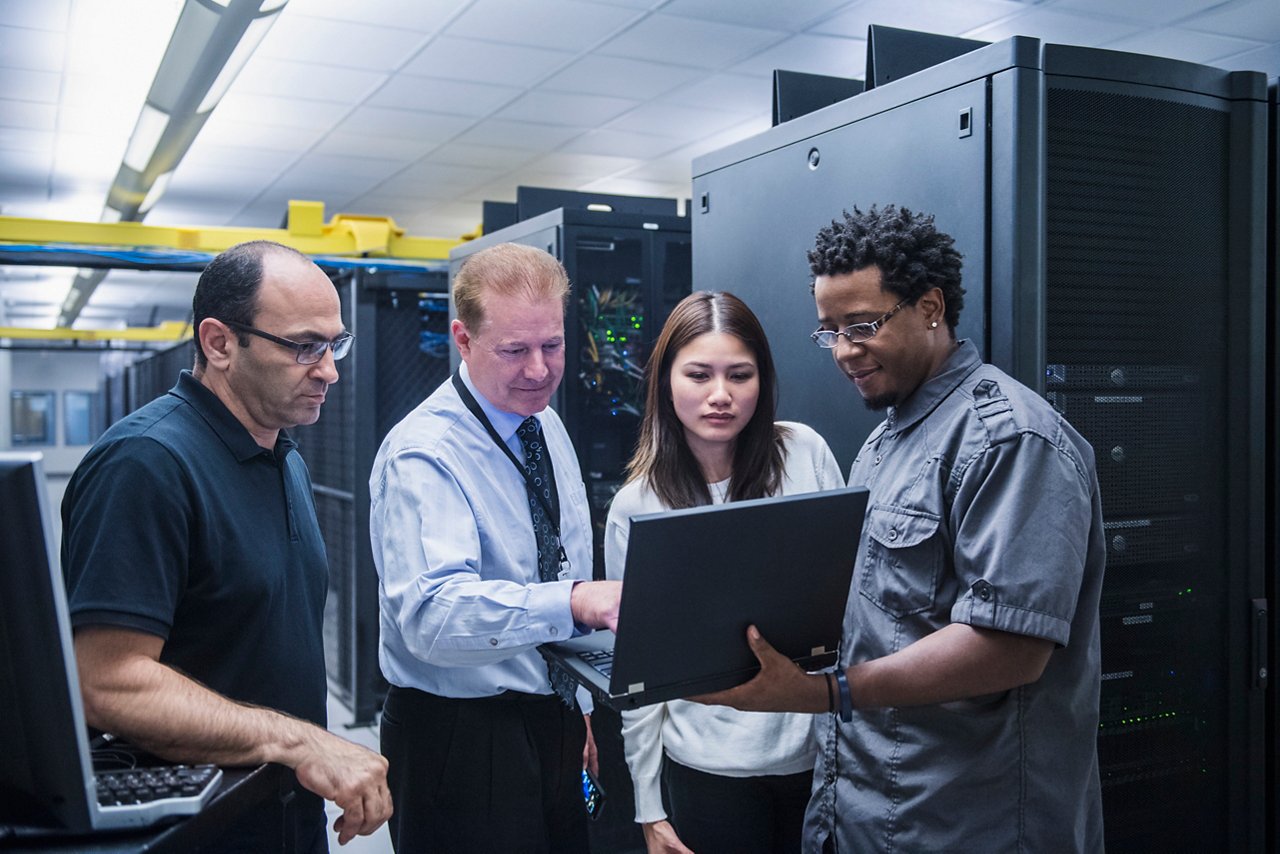 Employees discussing office security