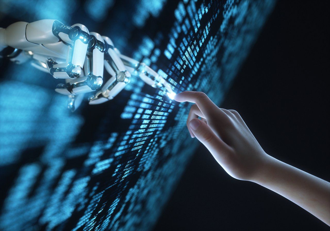 デジタルパネル越しに人間の手と触れ合うロボットの手（CGイメージ）