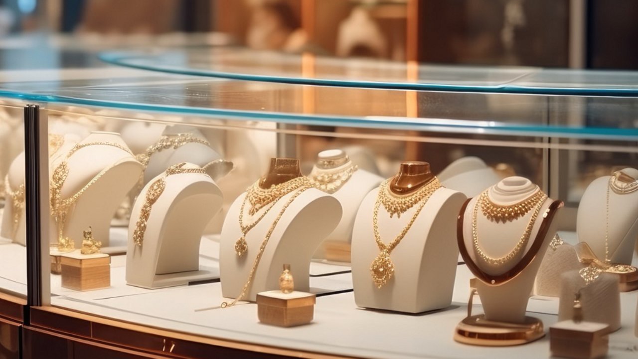 Interior of a luxury boutique with lit display cases of jewelry and watches