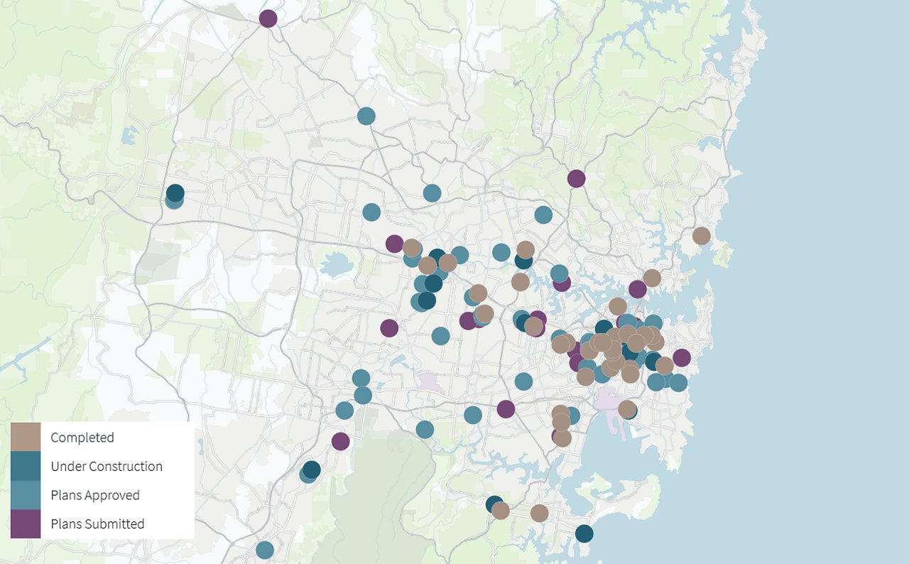 Map of Sydney region showing project locations by status: completed, under construction, plans approved, and plans submitted.