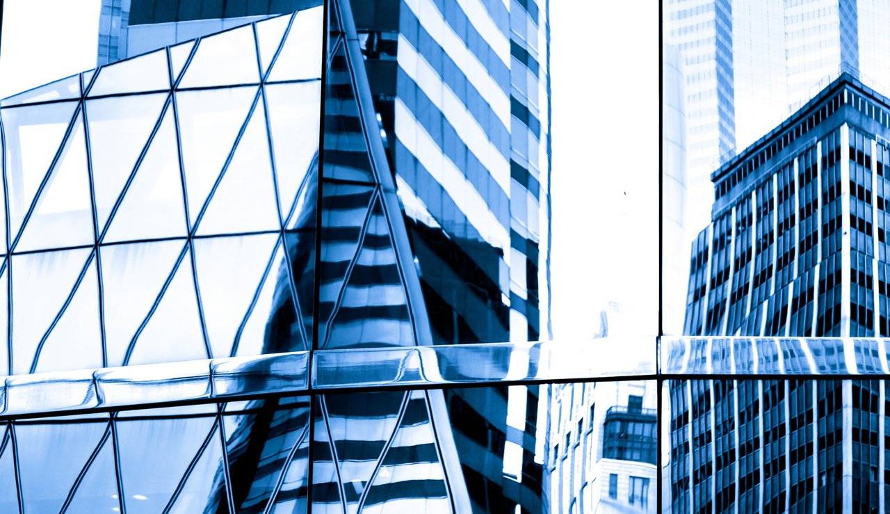windows of business building with blue color