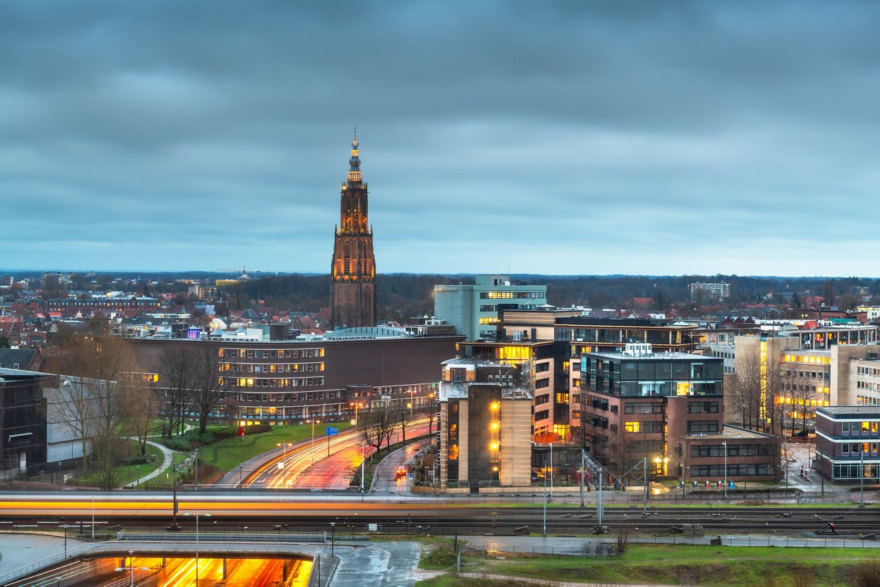 Amersfoort, Netherlands town skyline at dusk.