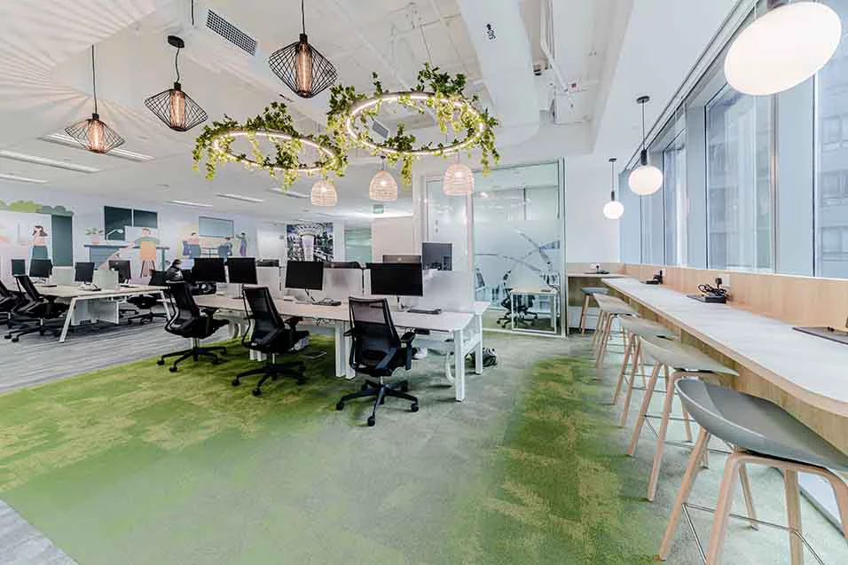 Office that focuses on employee well-being, fosters collaboration, and incorporate sustainable design features