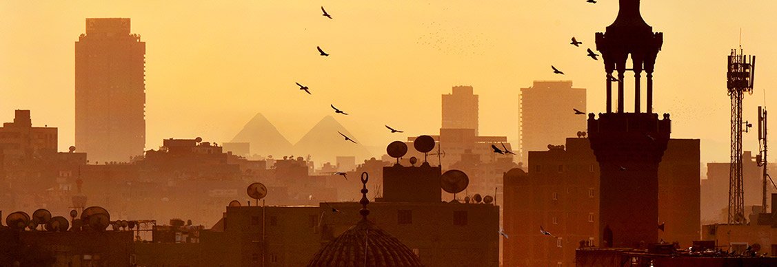 Sunset silhouette of Cairo cityscape with pyramids in background and birds flying