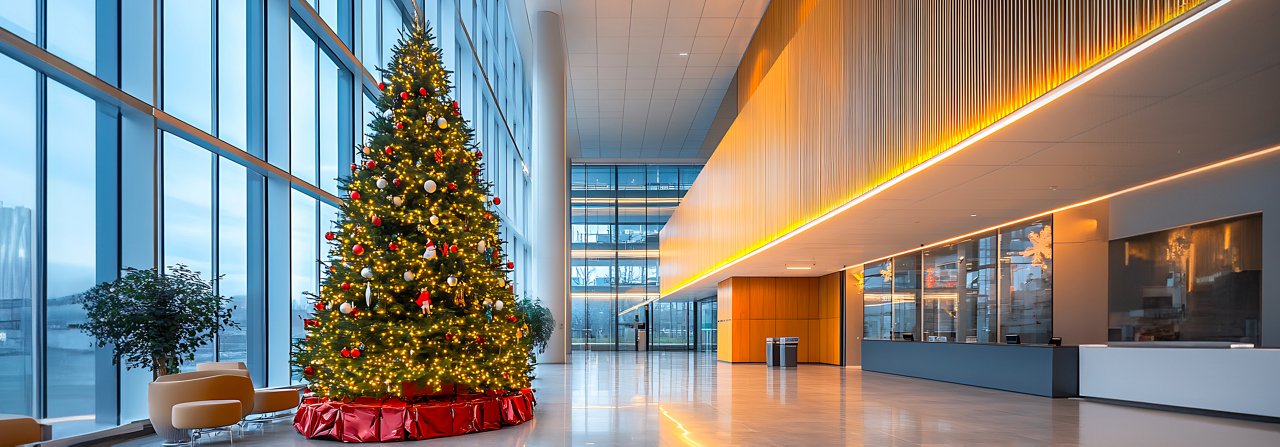 Árvore de Natal decorando a recepção de um empreendimento corporativo