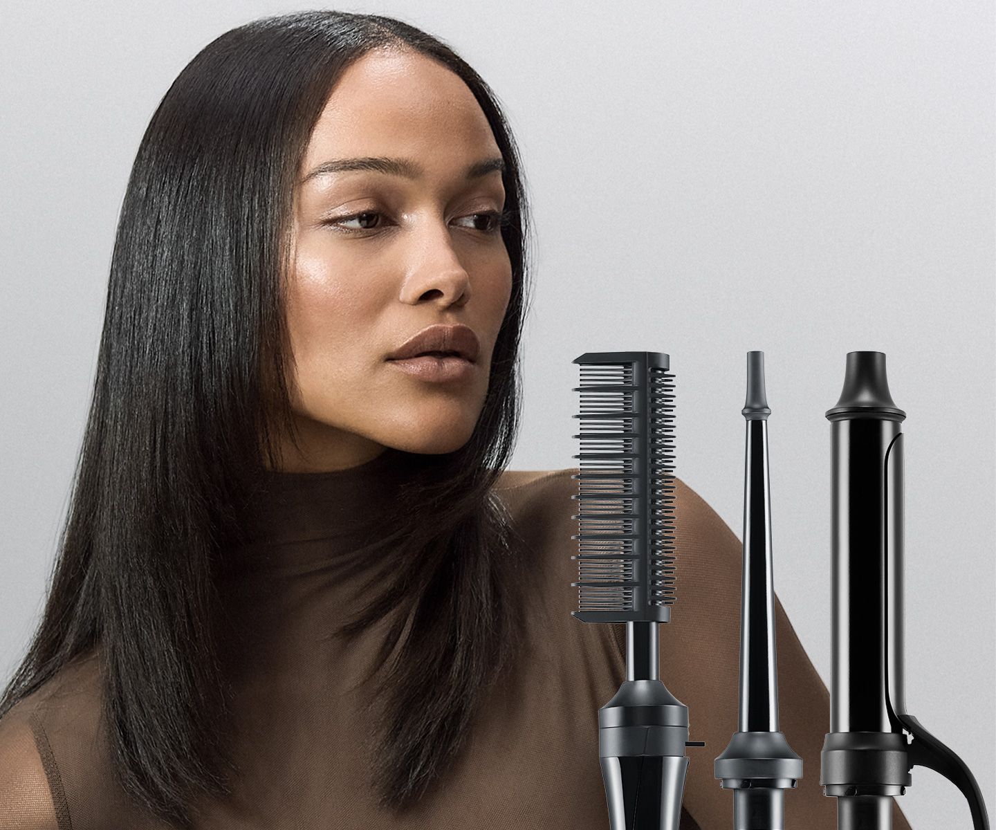 image of model and texture 3-in-1 interchangeable curling iron & hot comb
