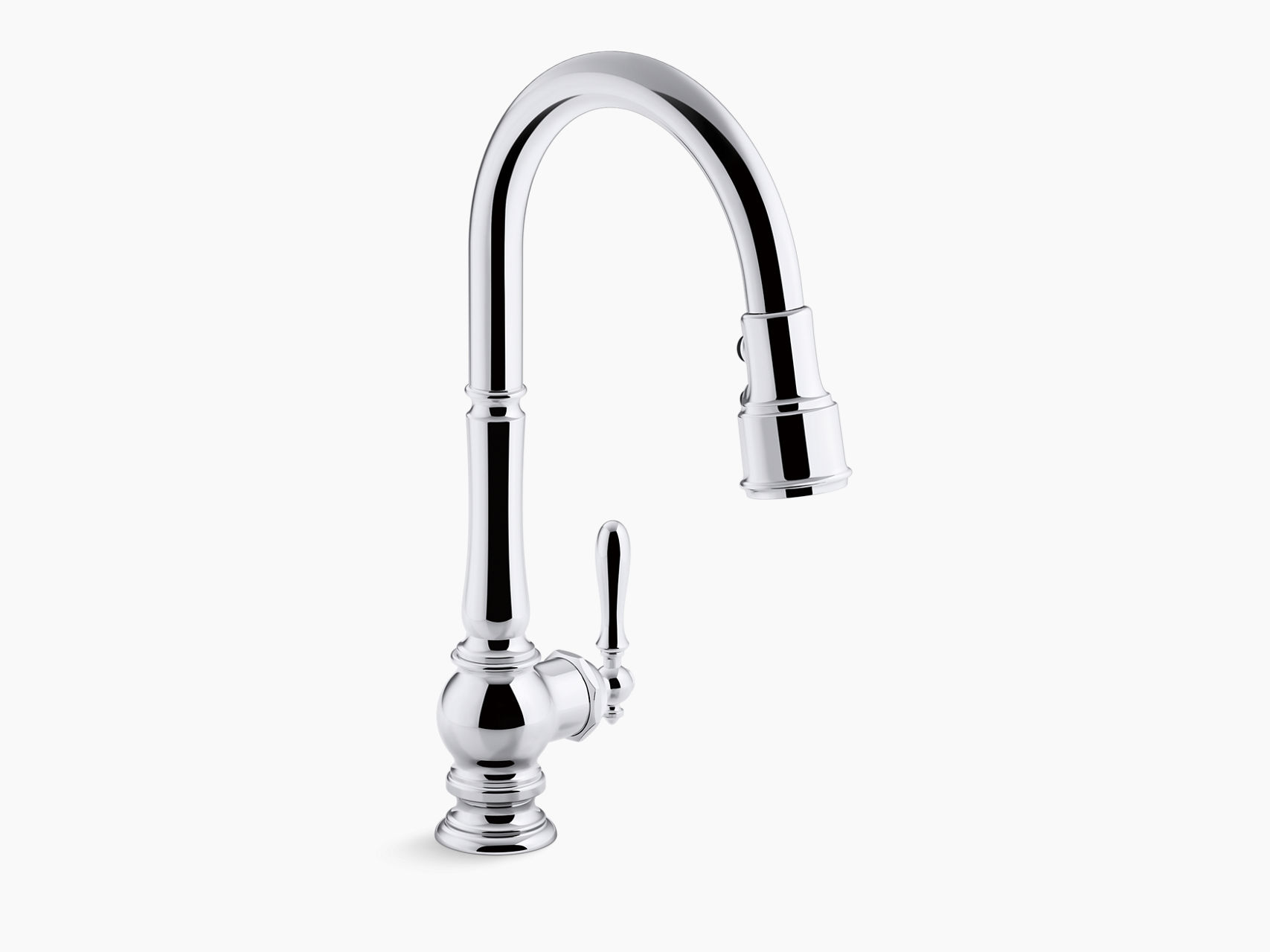 Artifacts®single-hole kitchen sink faucet with 17-5/8" pull-down spout and turned lever handle, DockNetik® magnetic docking system, and 3-function spray head featuring Sweep® and BerrySoft® spray