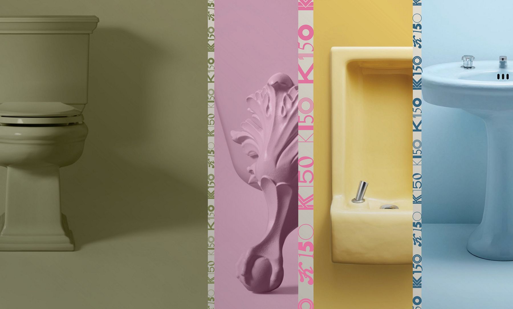 Composite of four close-up images of KOHLER products in vintage colors, featuring an Avocado green toilet, pink claw-foot bath tub, orange sink, and powder blue pedestal sink. A ribbon of Kohler's 150th anniversary logo separates the four images.