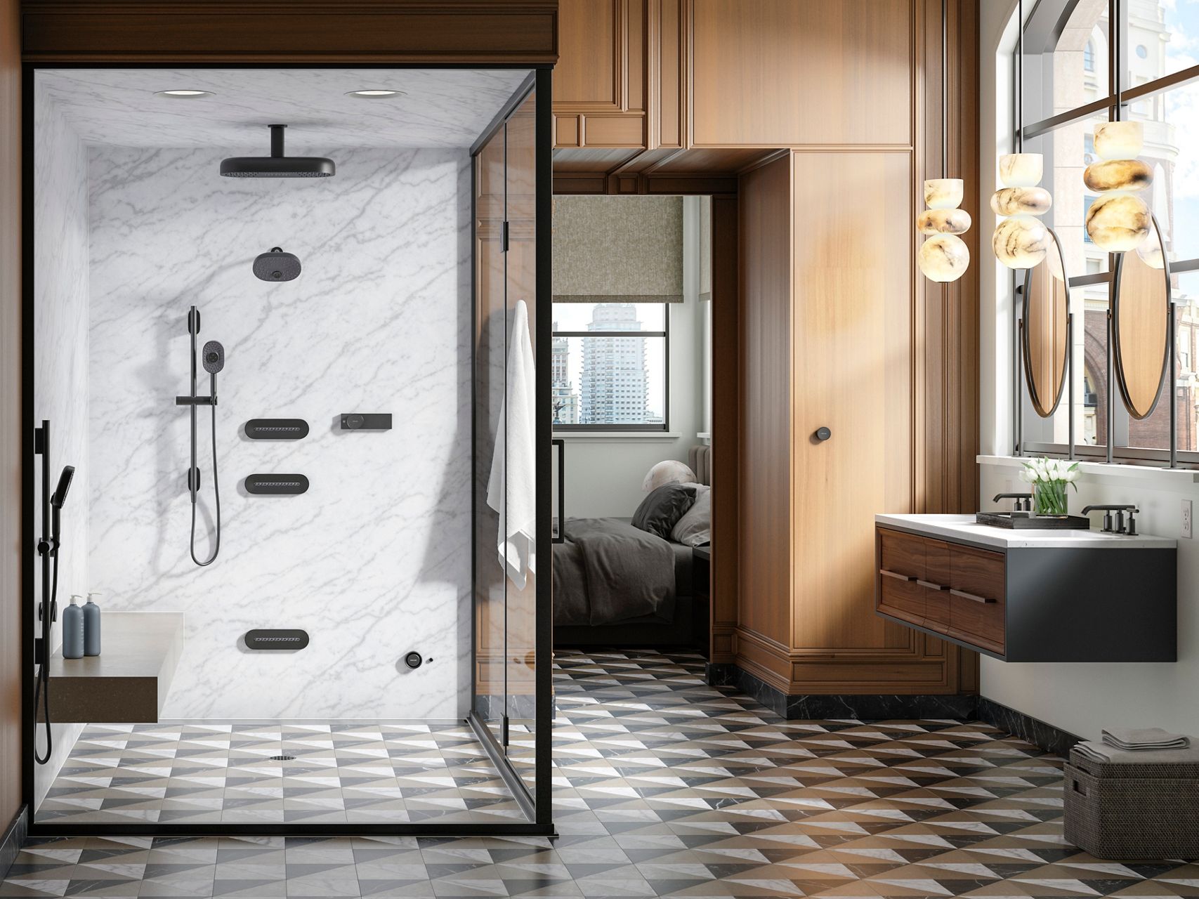 A wide shot image of a luxurious bathroom. To the left, there is a marble walled shower with clear screen doors. Inside the shower, there is a wooden bench and dark gray toned shower accessories including a shower rainhead, hand-held showerhead attached to the wall, and control functions. To the right is a double mirrored vanity and slightly off center is a bedroom in view.​