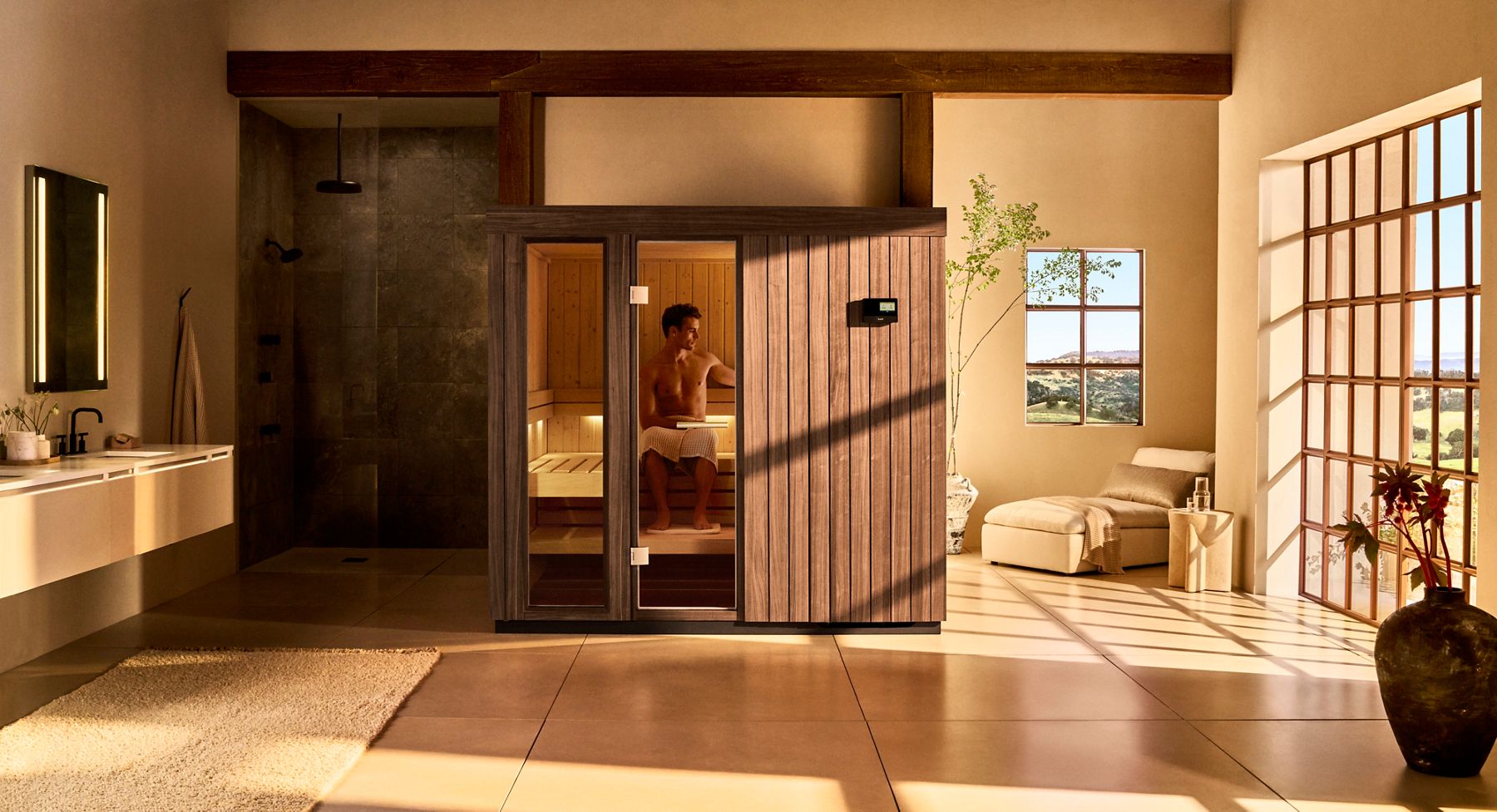 Warm-toned luxury bathroom with freestanding tub and large windows.