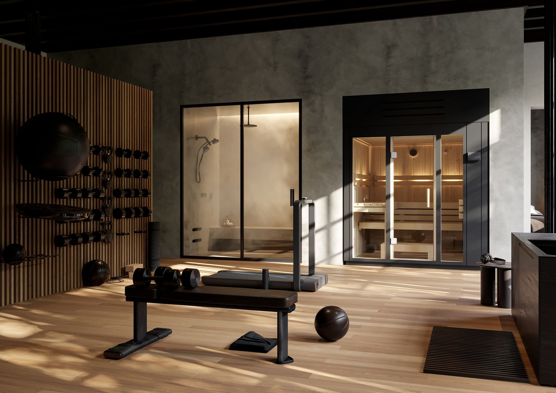 Sleek home gym with weight equipment, an adjacent glass-enclosed steam shower, and a glass sauna for post workout recovery.