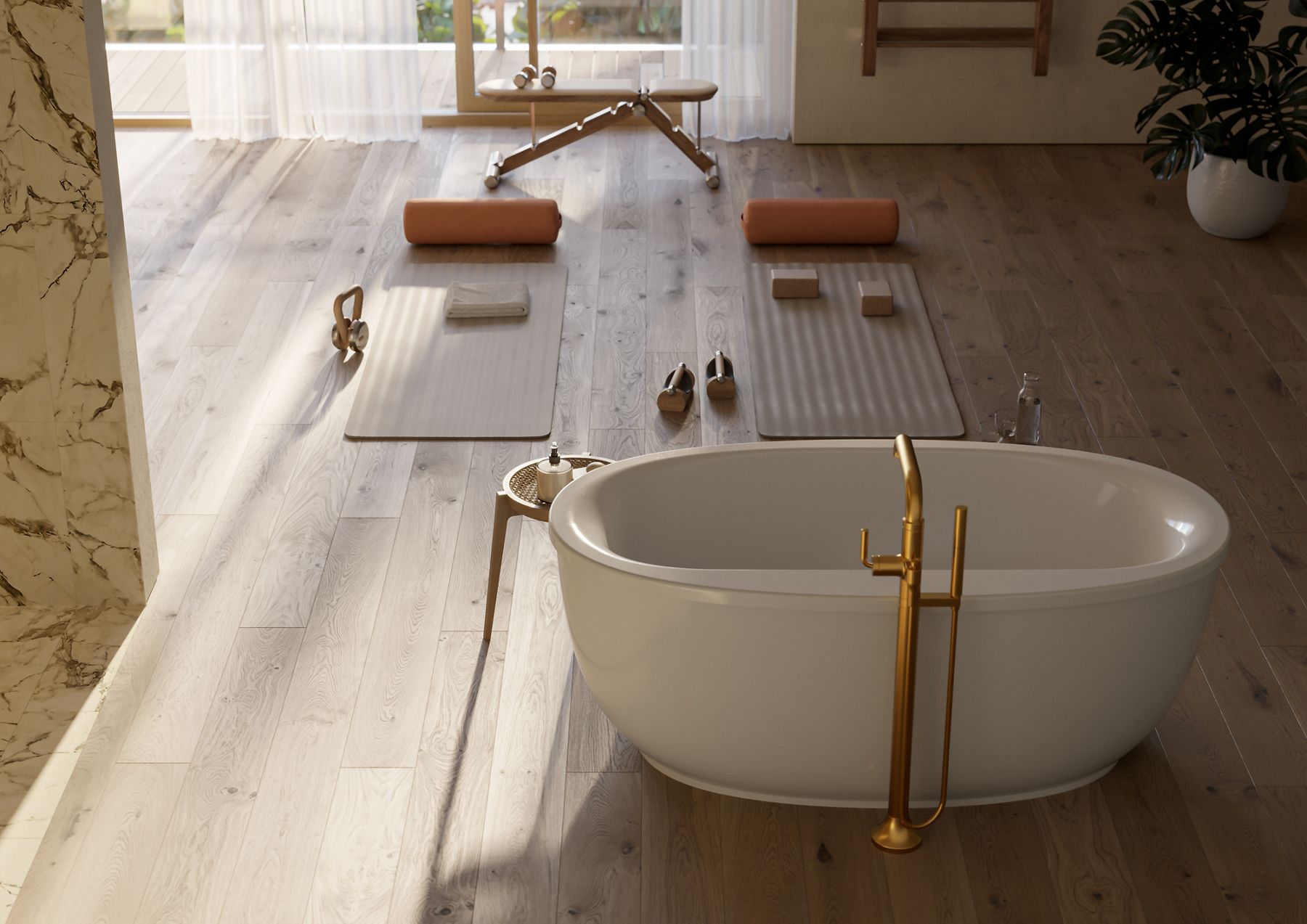 Tranquil spa-like room featuring yoga mats, mediation cushions, and a freestanding tub with gold fixtures.