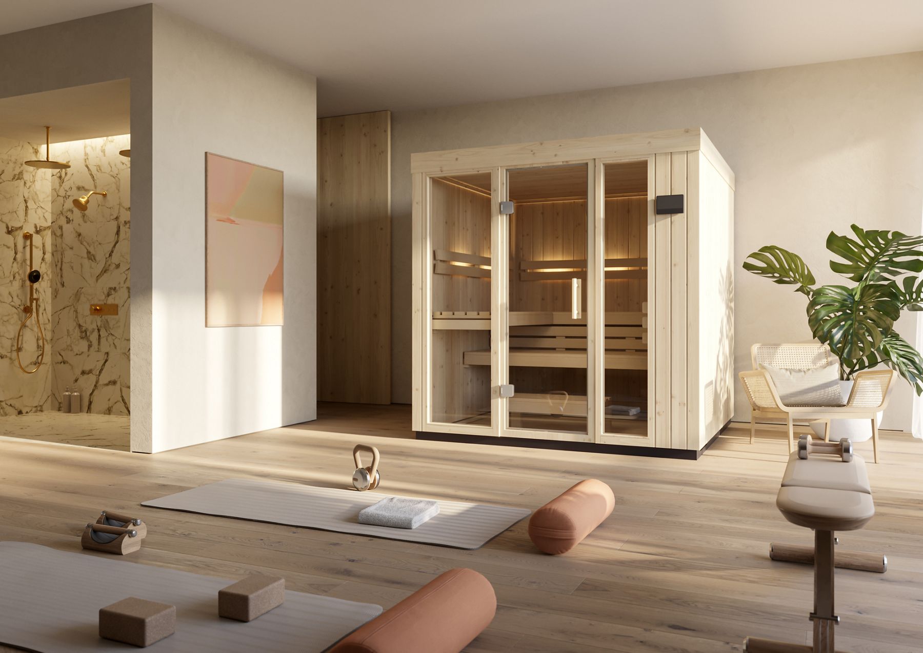Modern wellness-center with workout area featuring yoga mats and kettlebells including an indoor sauna and steam shower.