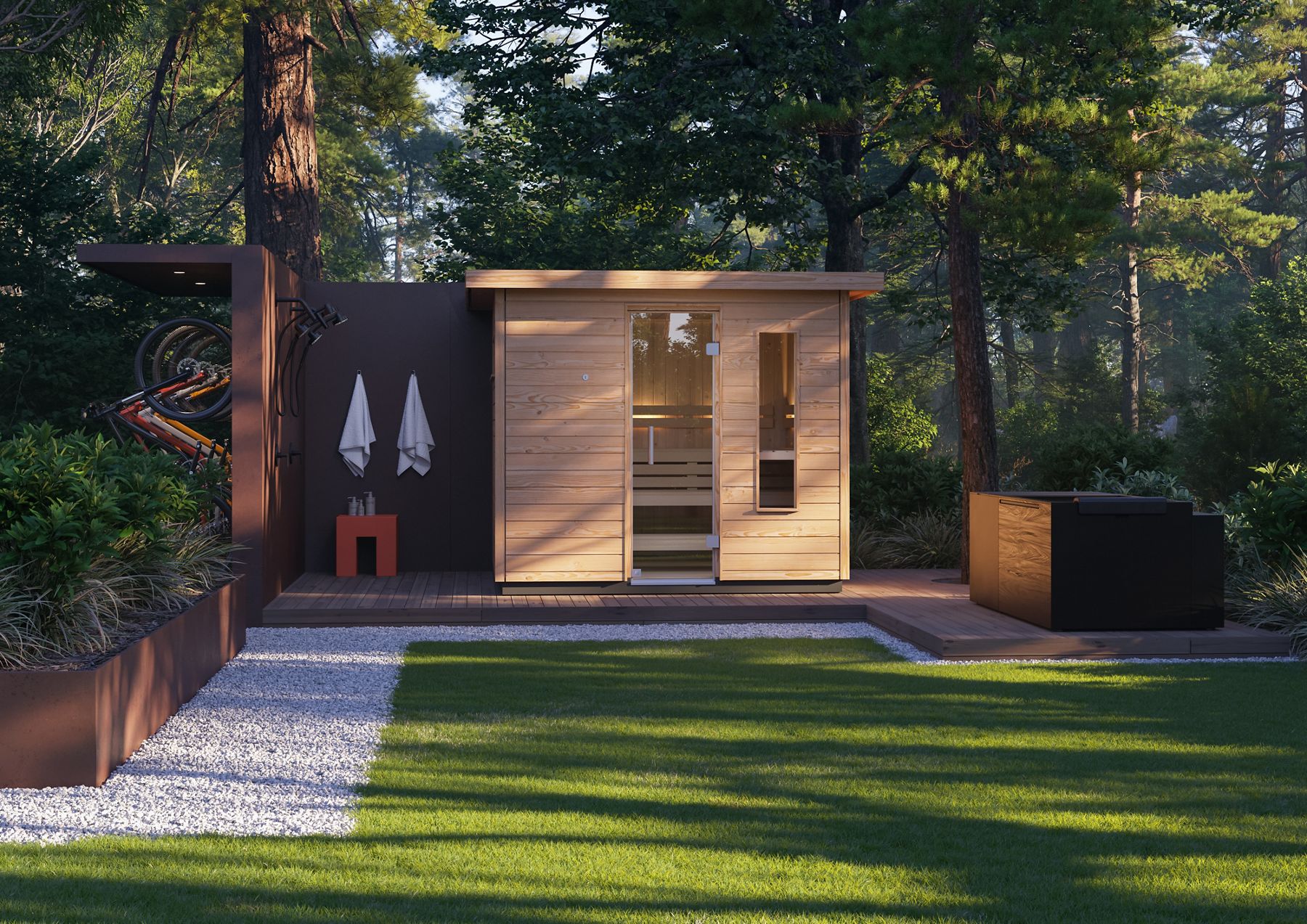 Luxury indoor wellness room featuring a modern sauna next to fitness equipment and large windows.