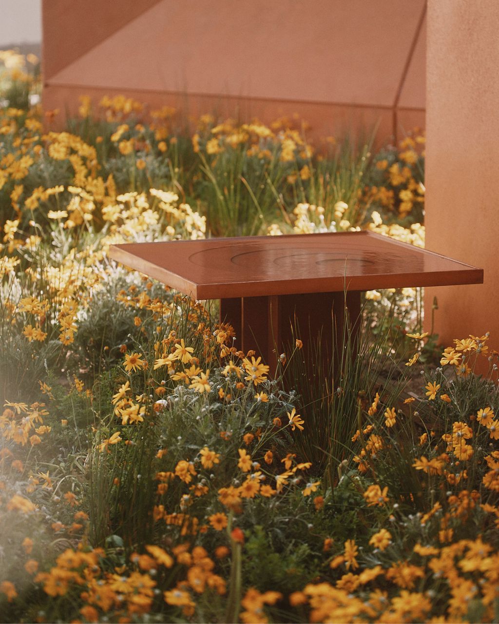 A pollinator bath at The Flamingo Estate Bathhouse installation by Kohler set within the courtyard of the Padiglione d’Arte Contemporanea in Milan, Italy.