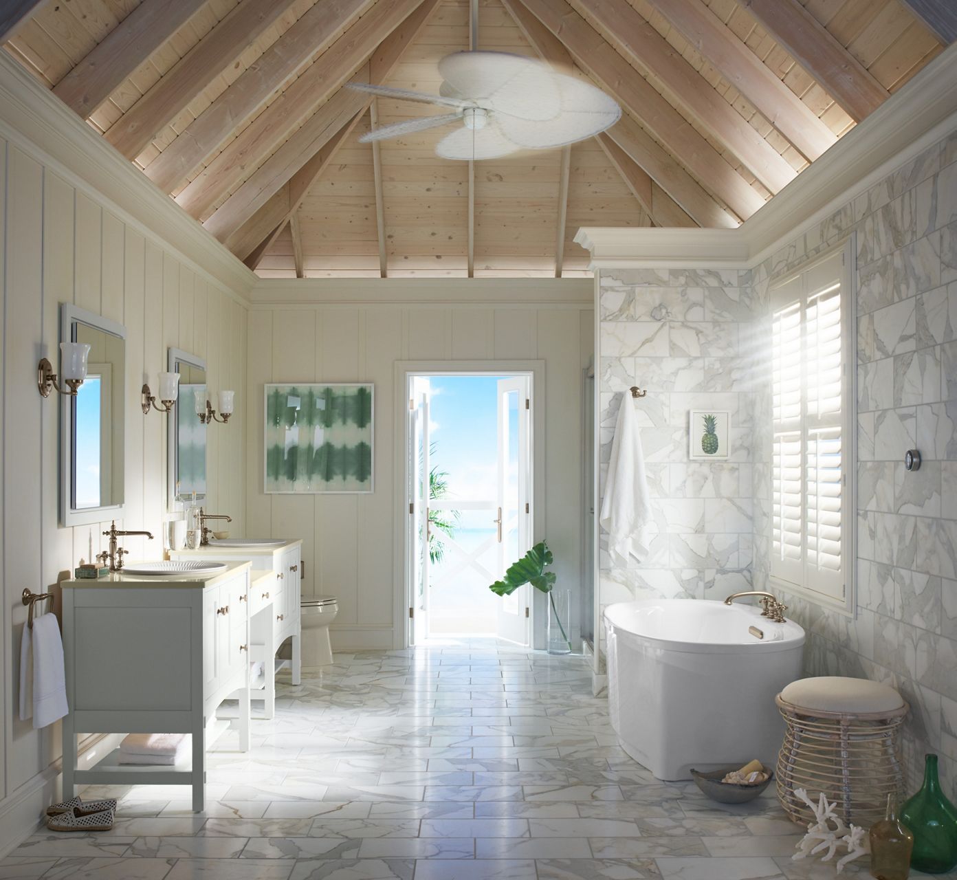 A white-on-white bathroom with vaulted ceiling, free standing bath tub, and a mix of paneled and wallpapered walls