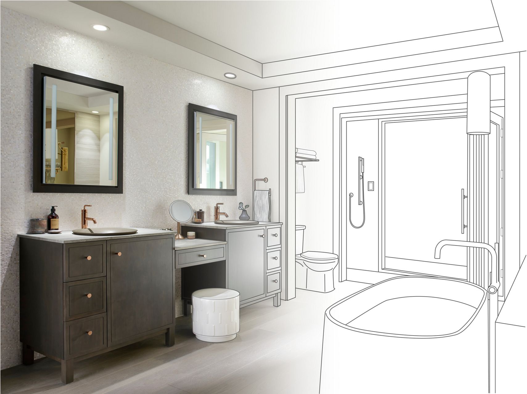 Transitional bathroom with KOHLER vanities and blueprint illustration