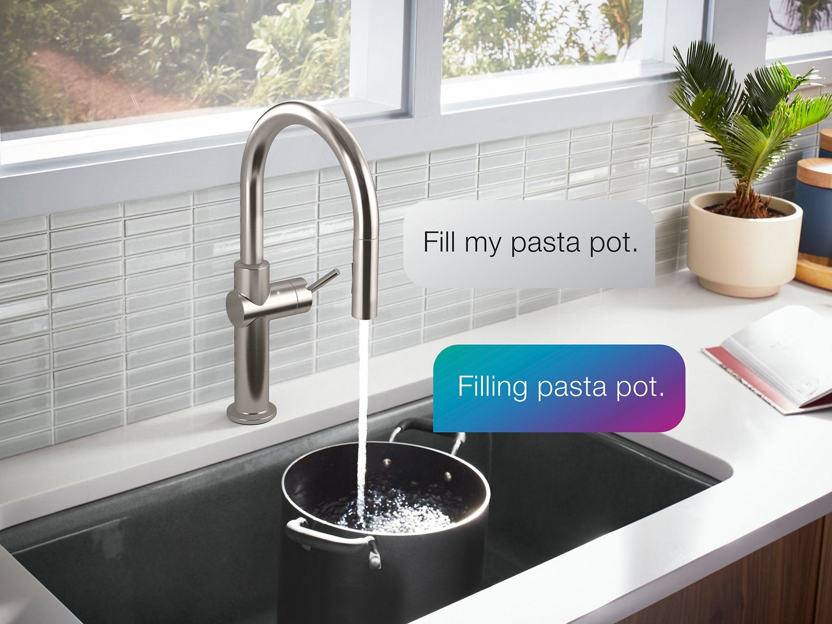 Chrome kitchen faucet aginst a white tile backspash fills a black pot sitting in sink with talk bubbles on image that say “Fill my pasta pot.” and “Filling my pasta pot.”