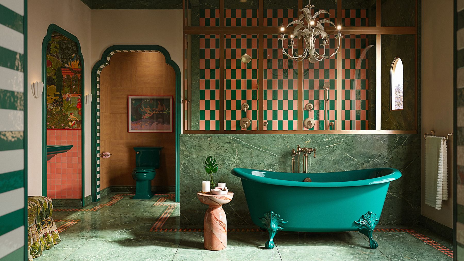 Elegant bathroom inspired by Kohler heritage design by Jaime Rummefield, featuring a teal sink, toilet, and freestanding bath.
