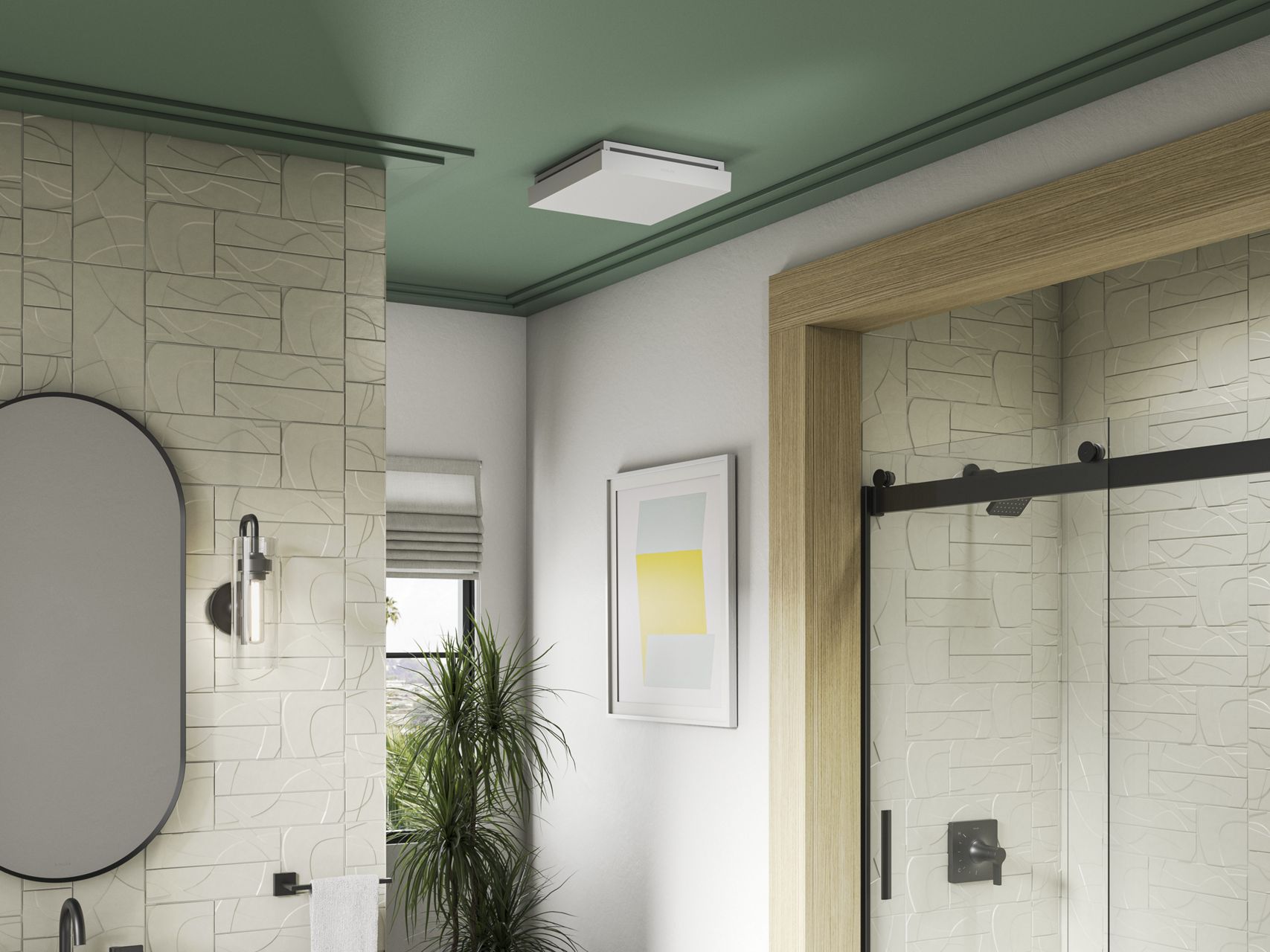 A square, white ceiling fan in a bathroom with tile walls, wood trim, and a green ceiling.